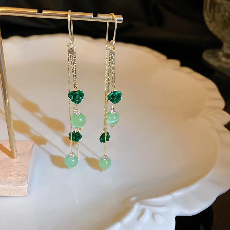 

Gold-color Green Opal Line Earrings Long For Women Rose Flower Tassel Earing Fashion Jewelry Wholesale Pendientes