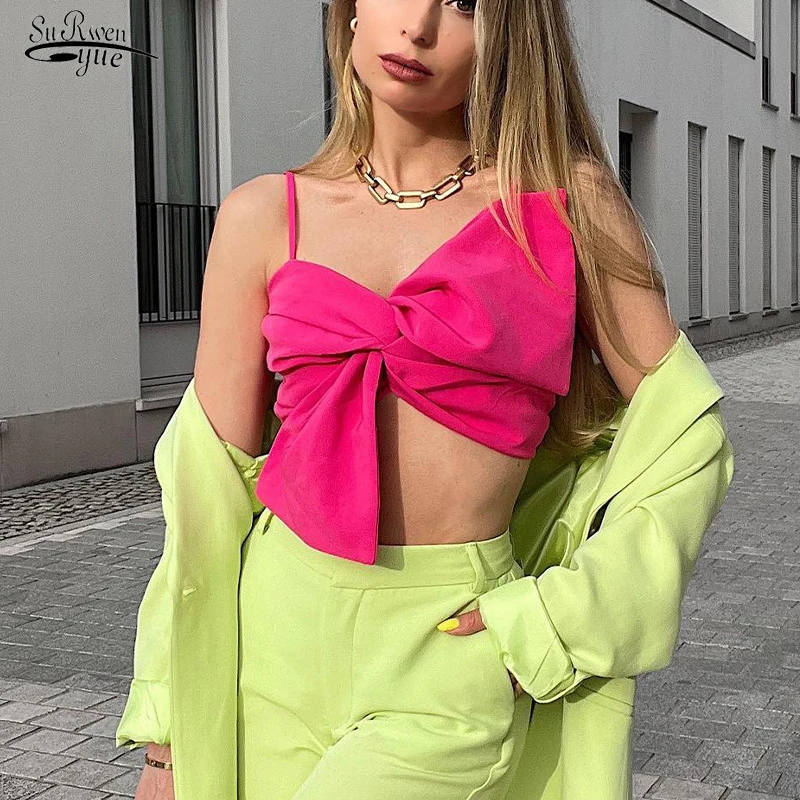 

Майка женская с открытой спиной и бантом, однотонная, розовая/зеленая