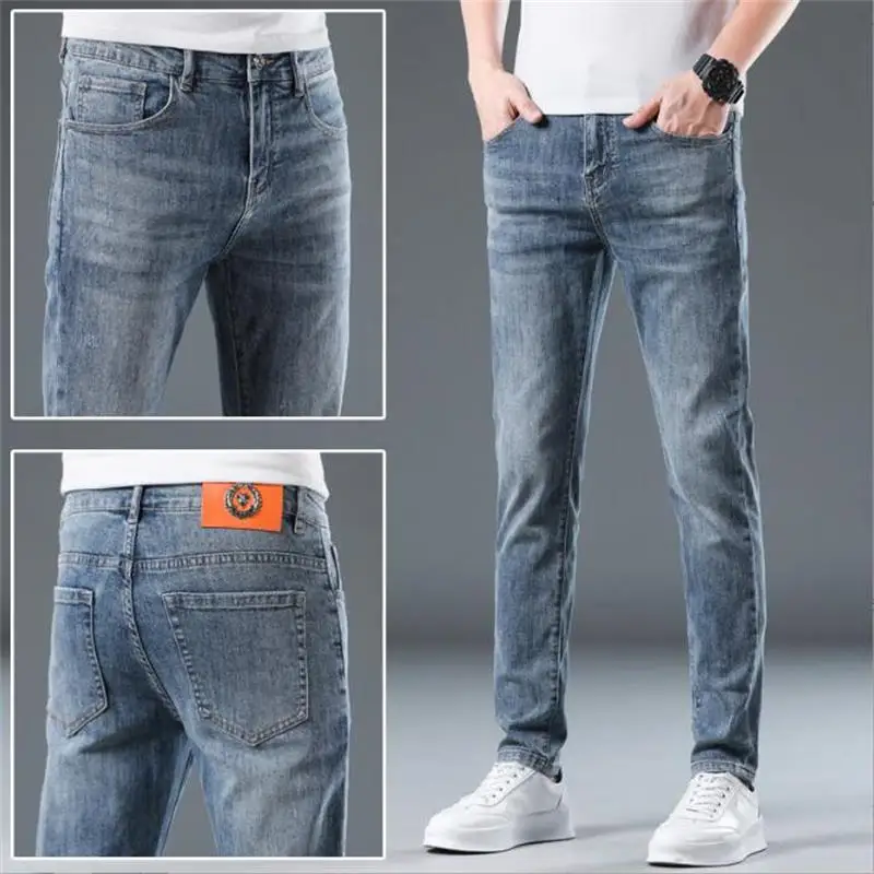 

NEW High-end Quality Simple Fashion Stretch Slim Straight Tube Thin Printing Mens Jeans Trousers Pants