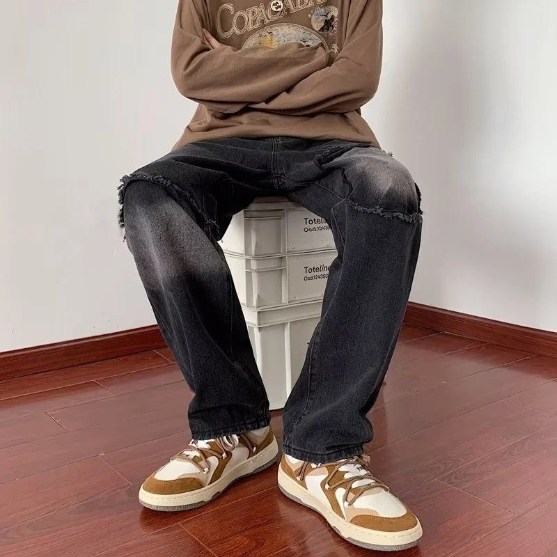 Summer Ripped Black Jeans Men Fashion Retro Casual Straight Jeans Men Streetwear Hip Hop Loose Hole Denim Pants Mens Trousers