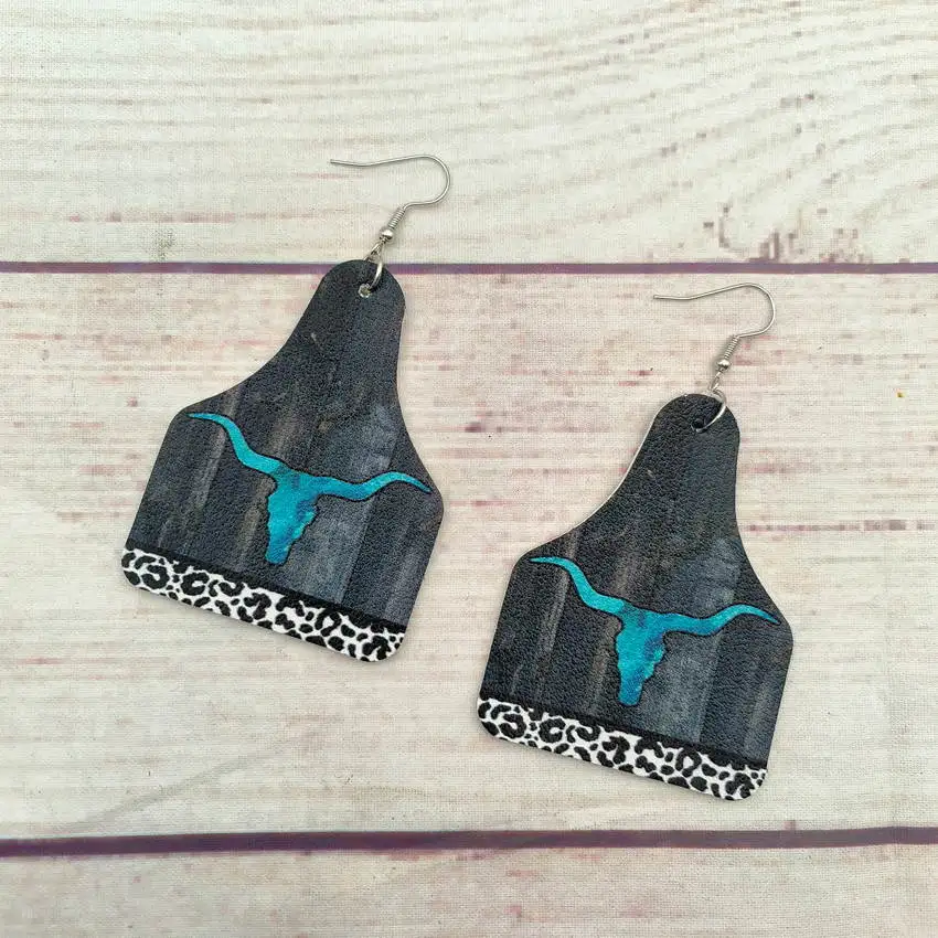 Западный Леопард бирюза корова Череп узор Longhorn ферма Бирка Серьги для женщин