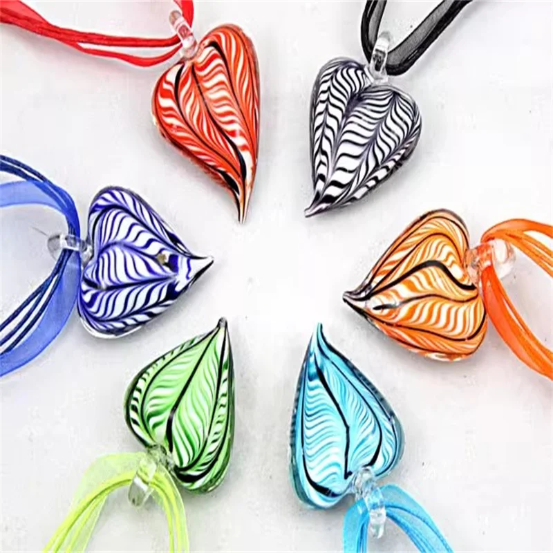 

6pcs Handmade Stripe Bicolor Heart Glaze Pendant Murano Lampwork Glass Pendant For Women Necklace Sweater Chain Bracelet Jewelry