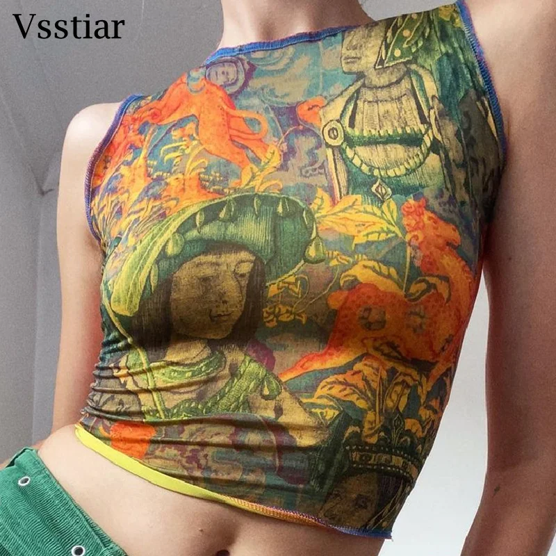 

Vsstiar Aesthetic Graghic Women Tanks Y2K Portrait Printed Vintage Crop Top Off Shoulder Tie Dye Summer Casual Vest Streetwear