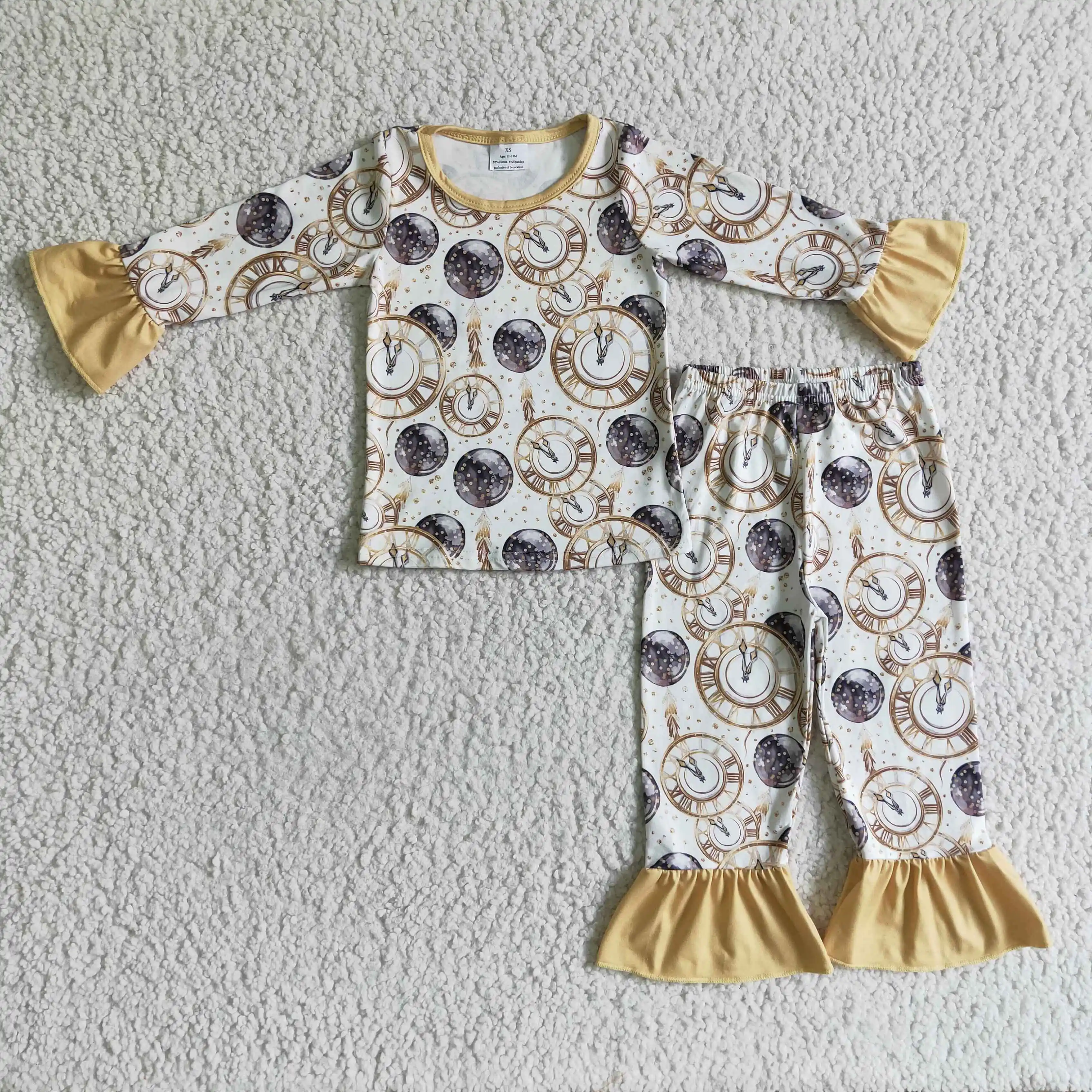 

GLP0275 Baby Girl Clothes Long Sleeves And Bell Alarm Clock Print Set Winter Outfit Girls Clothing Girl Pajamas Set