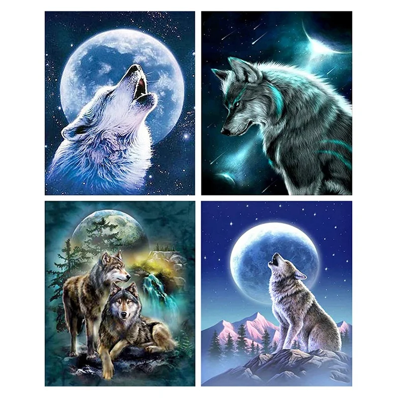 

4Pcs DIY Wolf Art Full Diamond Round Diamond Painting Kit Adult Kids Home Wall Decor 30X40cm