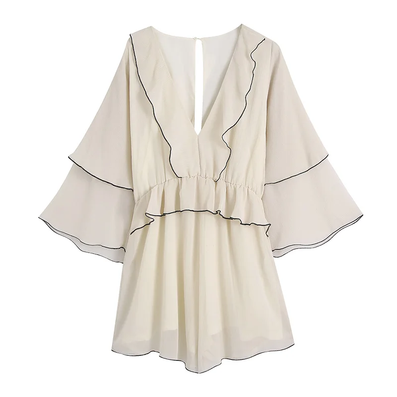 

Overalls For Women Elegant Female Jumpsuit Shorts Summer Casual Playsuit V Neck One Piece White Frilled Long Sleeve Ruffled Chic