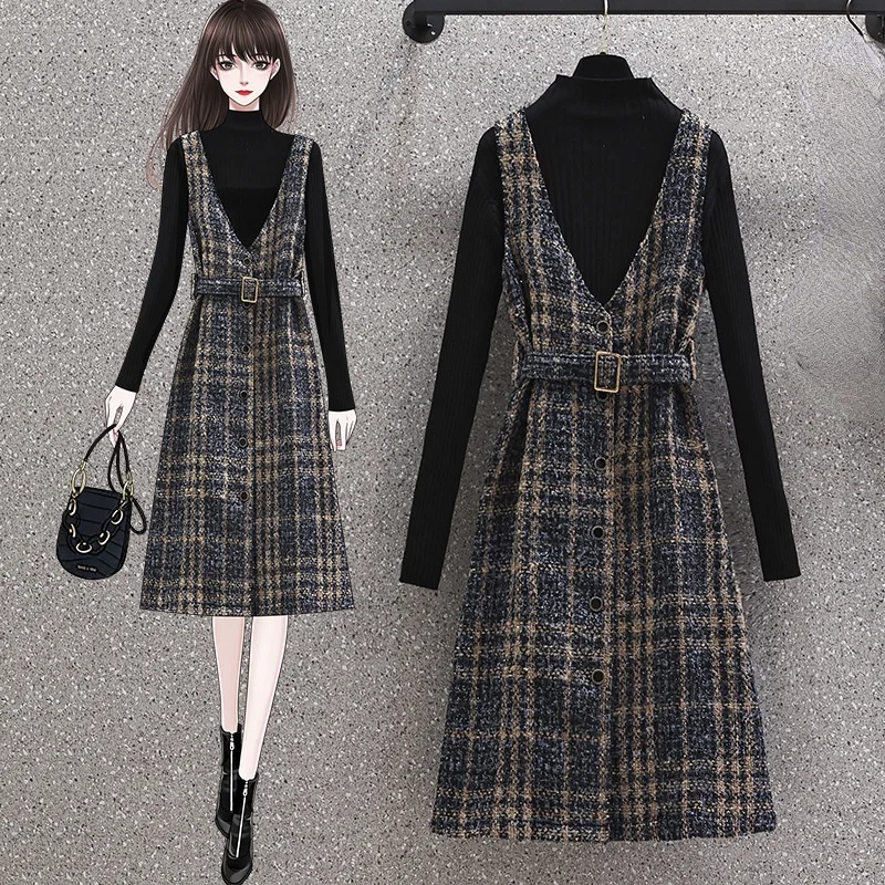 

Large Size Autumn/winter Light Mature Knit Bottom Top Dress Two-piece Suit Women Office Lady Sashes Sweetie Dress