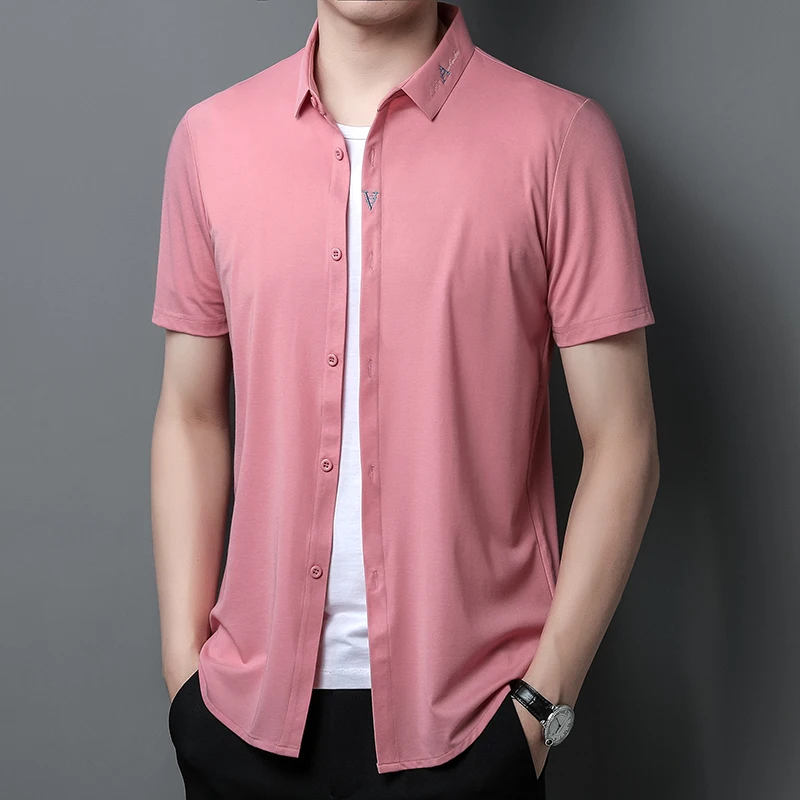 

High-quality Men Shirt Classic Soft Casual Fashion Embroidery Slim Fit End Korean Short Sleeve Top Grade Summer New Lapel Cool
