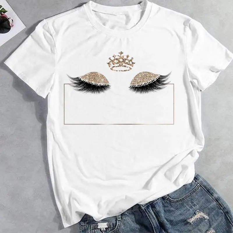 

Женская футболка с коротким рукавом, летняя футболка с принтом в виде короны и ресниц, в стиле 90-х