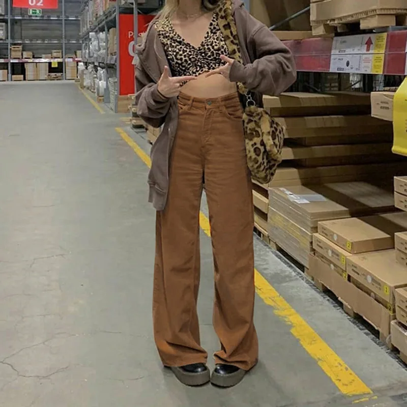 

Casual Wide Leg High Waist Pants Autumn Button Zipper Retro Trousers 80s Aesthetic Sweatpants Women Pocket Ribbed Corduroy Pants