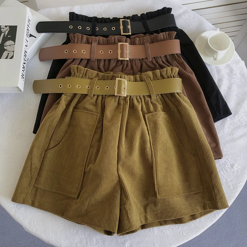 

Women Corduroy Casual Overalls Straight Shorts with Belt Autumn Winter 2022 New Korean Fashion High Waist Wide Leg Shorts Women