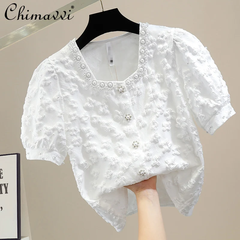 

Женская однобортная рубашка в стиле ретро, элегантная рубашка с тиснением и тяжелыми бусинами, с рукавами-фонариками и квадратным воротник...