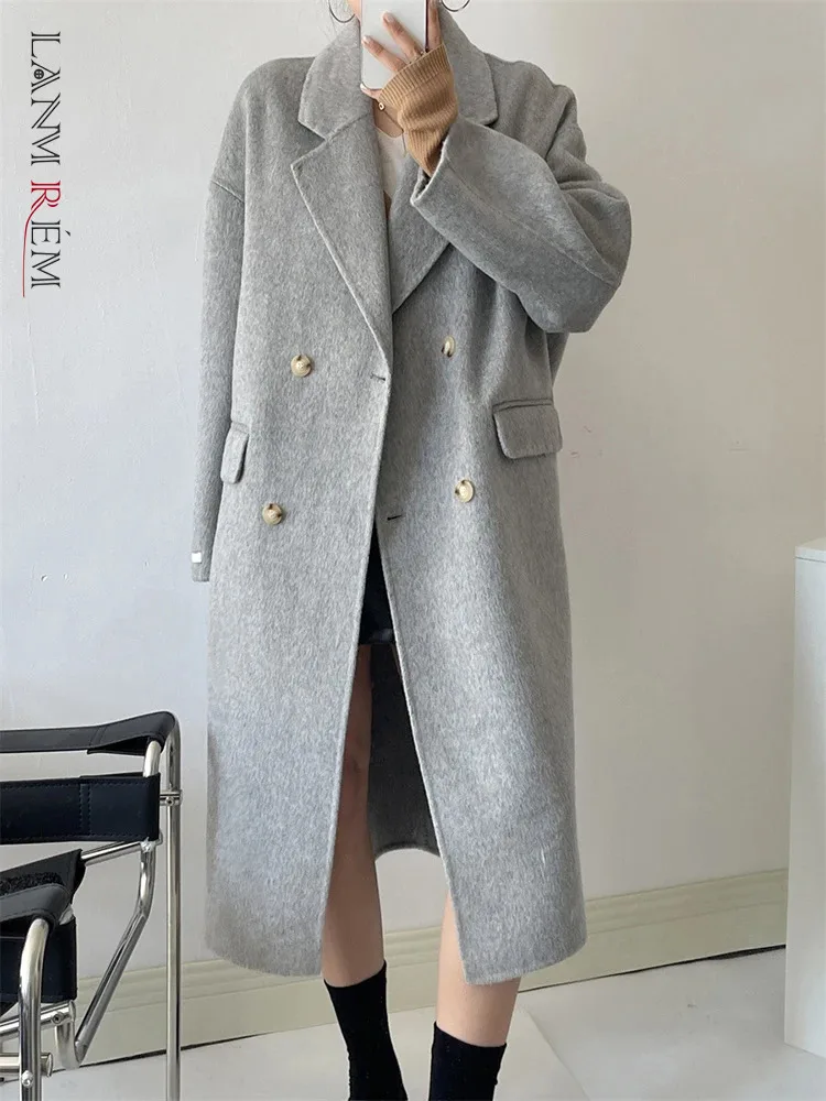 

Женское шерстяное пальто LANMREM, длинное двубортное плотное теплое пальто, модная одежда, новинка зимы 2023, 26D6907