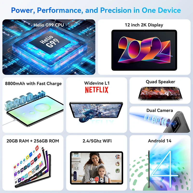 Планшет Headwolf HPad6 Android14 WidevineL1 + Netflix 12 дюймов экран 2K HelioG99 8 ГБ ГБ) ОЗУ 256 планшетный ПК