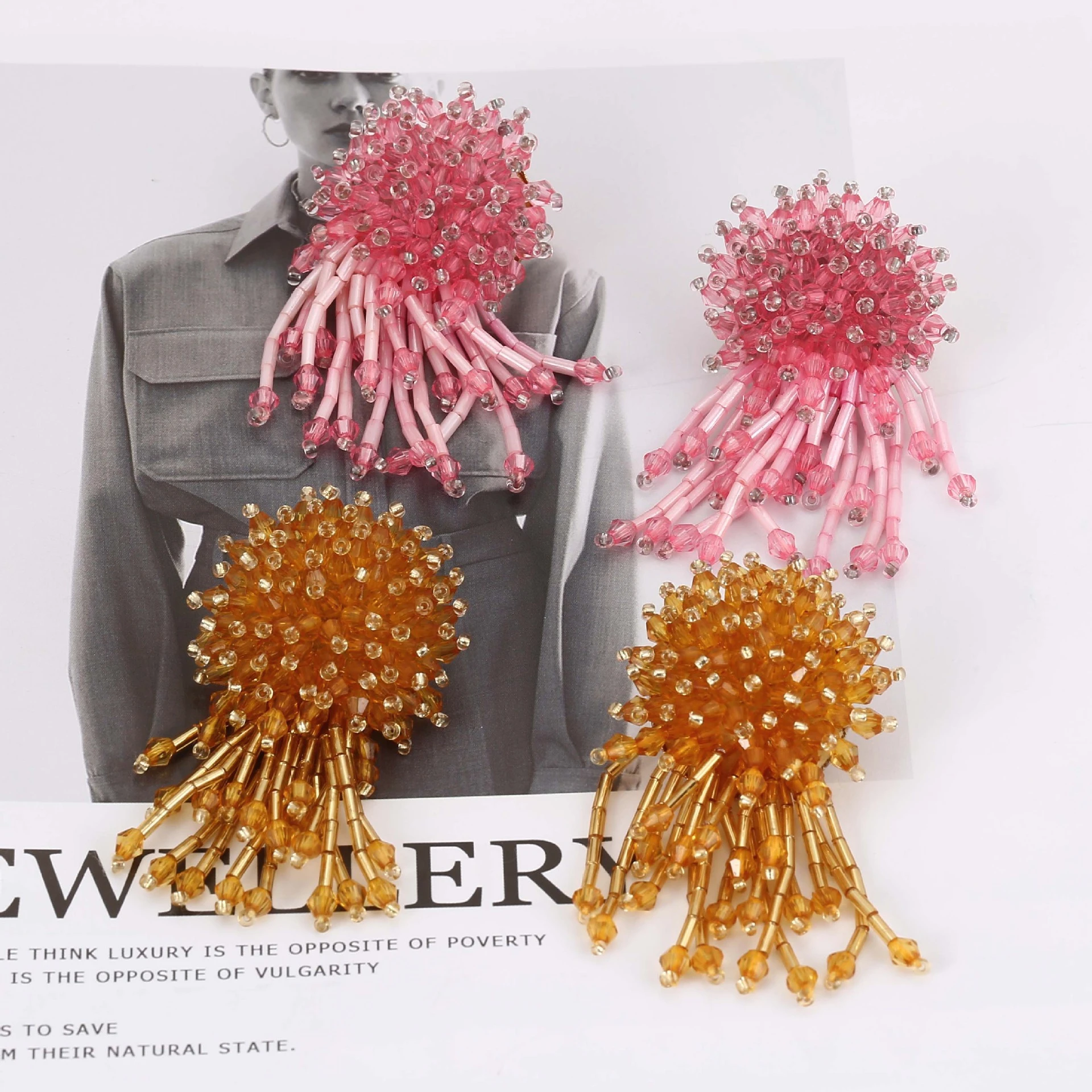 

Creative New Hand Beaded Crystal Flower Tassel Earrings for Woman Party Casual Jewelry