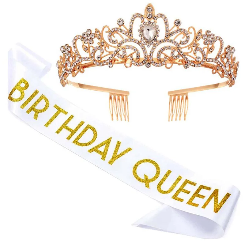 

Women Girls Golden Tiaras Sash for Birthday Girl Queen Silver Purple Crystal Princess Crown+Satin Sashes Anniversary Party Decor