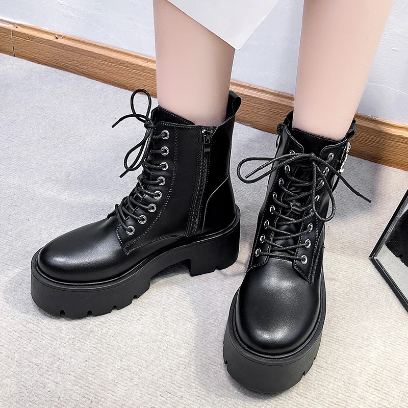 

Женские ботильоны на толстой платформе Rimocy, ботинки из искусственной кожи на высоком каблуке, мотоциклетные ботинки в стиле панк с пряжкой, ...