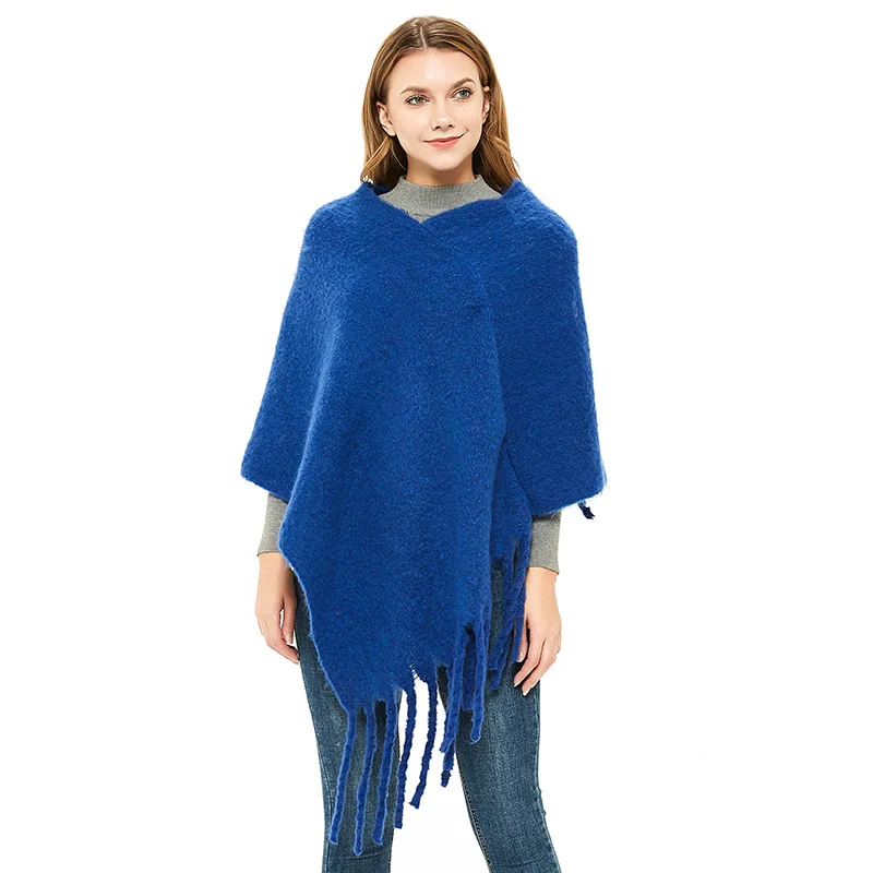 

CHENKIO Women's V-Neck Solid Color Plaid Knit Pullover Cape Poncho Sweater with Fringes Blanket Shawls for Women Winter Capes