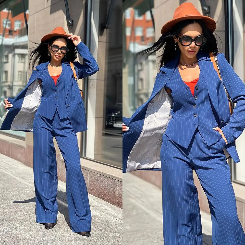 2023 Spring Stripe Women Suits Business Slim Fitted Pant Sets 3 Pieces Jacket+Waistcoat+Trousers British Office Ladies Pantsuit