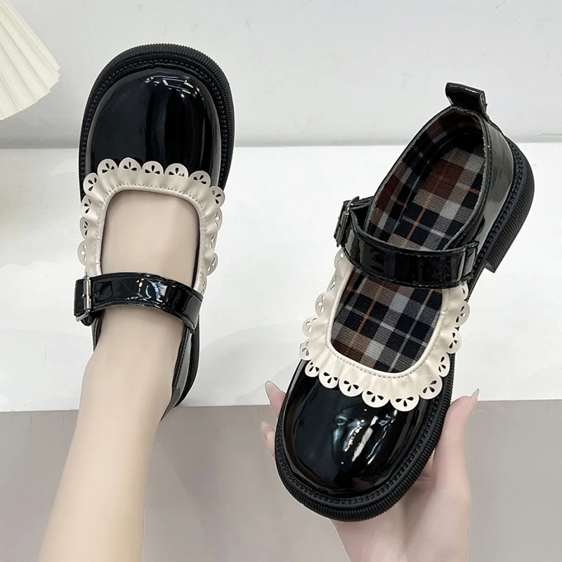 

Lucyever Sweet Lace Ankle Strap Mary Janes Women 2022 Spring Patent Leather Flats Woman Round Toe Cosplay Lolita Shoes Mujer