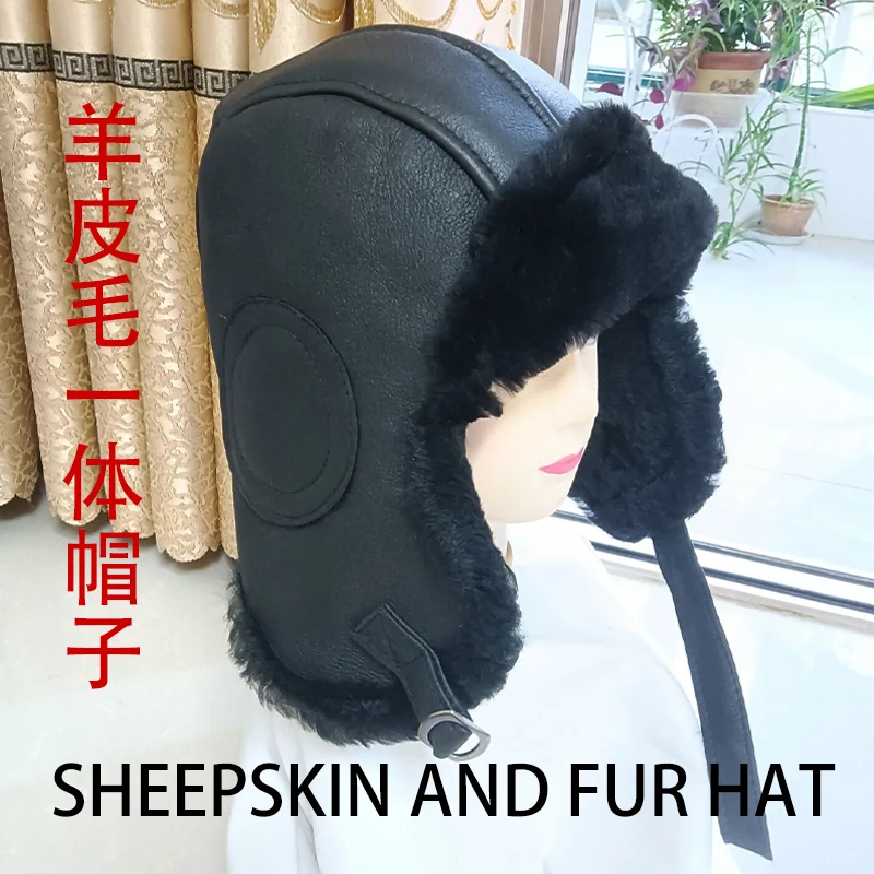 

Russian Fur Sheepskin Wool Male Aviator Trapper Hat Cold With Ears Winter Men's Woman Cap Beanies Fuzzy Snow Ski Outdoor Sports