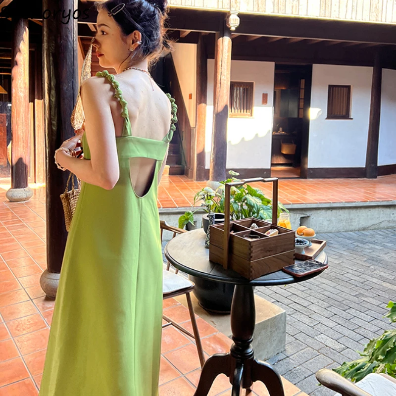 

Spaghetti Strap Dresses Women Backless Simple Pure Casual Vestidos Elegant Ins Summer Ulzzang Ladies Fashion Cozy Vacation Sexy
