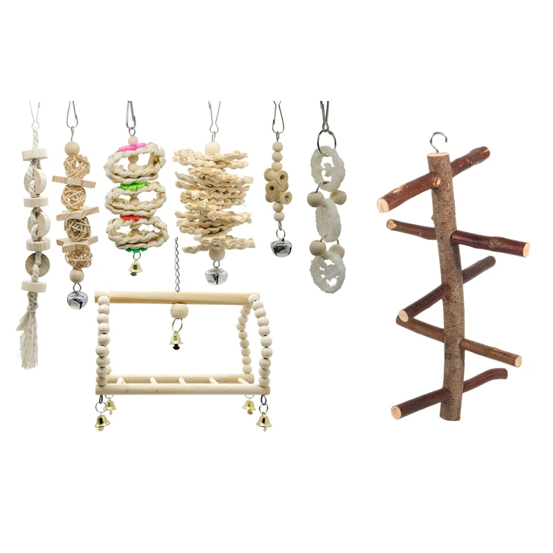 

8 Packs Bird Parrot Swing Chewing Toys- Natural Wood Hanging Bell Bird Cage Toys Suitable For Small Parakeets