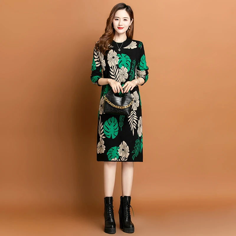 

Black Vintage Floral Jacquard Knitted Cotton Midi Sweater Dress women 2023 Autumn Winter Long Sleeve Thick Warm Dresess Vestidos