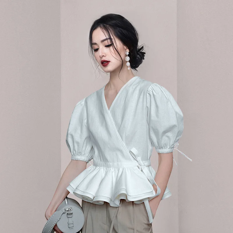 

SuperAen 2022 Summer New Solid V-neck Ruffled Puff Sleeve Shirts Lace-up Waist Office Lady Women Blouse