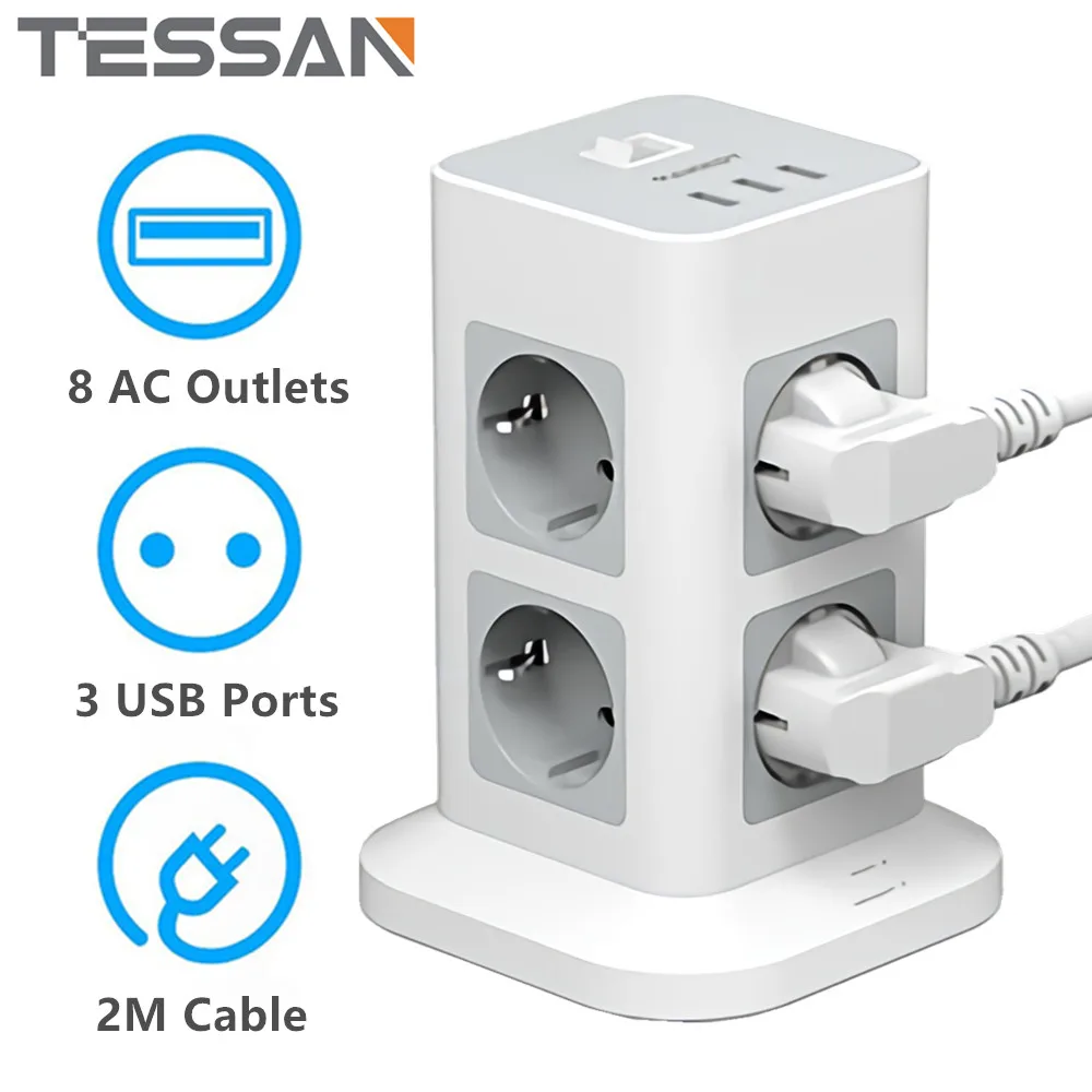 

TESSAN Power Strip Surge Protector Vertical Tower Socket with 8 Outlets & 3 USB, EU Plug Extension Socket with Switch & 2M Cable