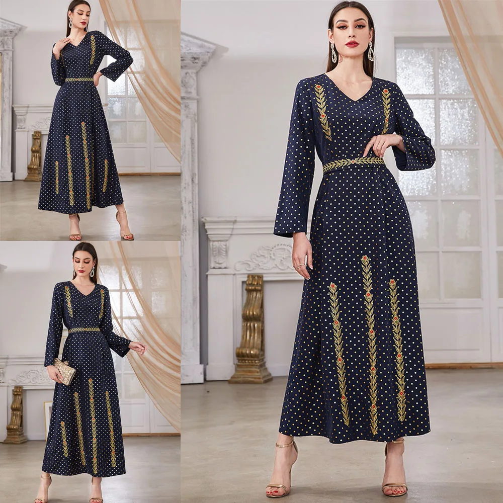 

2022 Spring Autumn Women Long Dress Muslim Abaya Islamic Clothes Dubai Turkey Embroidery Vintage Maxi Robe Polka Dot Party Gown