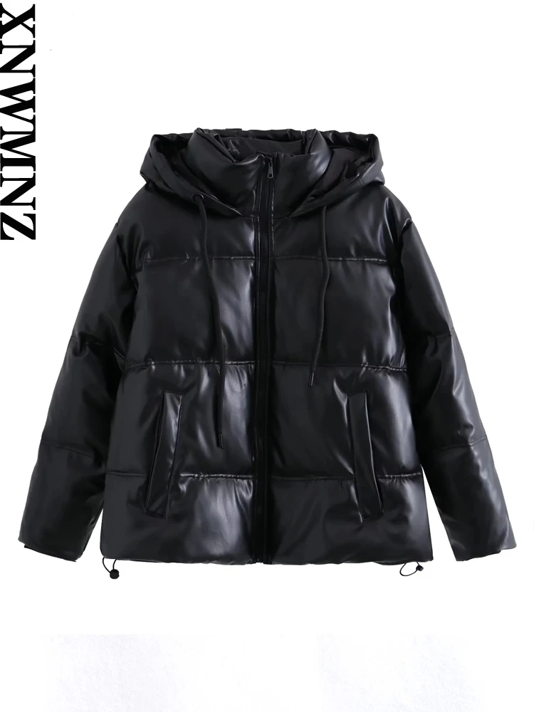 XNWMNZ Women Fashion Winter Warm Faux Leather Hooded Padded Jacke Stand Collar Thickened Long Sleeves Zip Coat Female Outerwear
