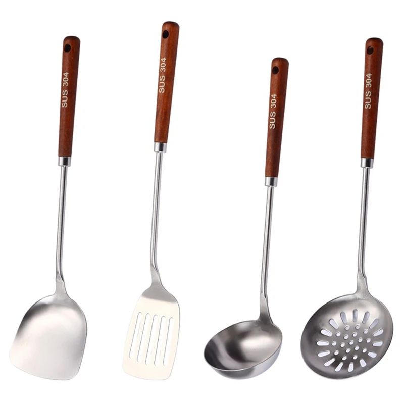 

Stainless Steel Spatula Household Kitchen Cooking Frying Shovel Colander Soup Spoon Wooden Handle Cooking Shovel Set