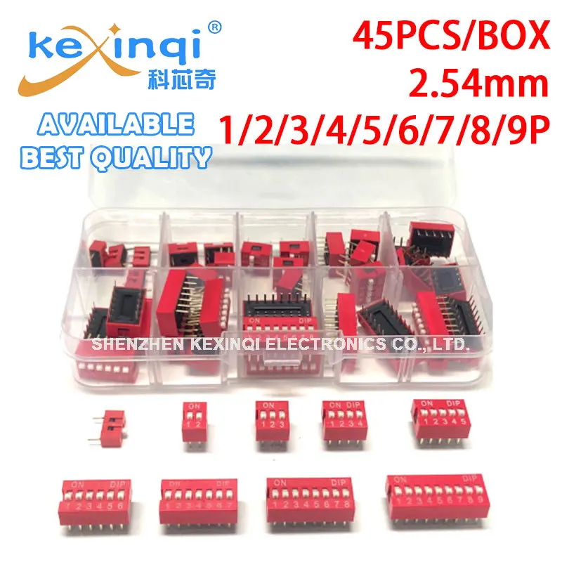 45pcs/box Key DIP Switch Pin-2.54mm 1/2/3/4/5/6/7/8/9 P-bit Switch Toggle Side Dial Flat Dial Code DIP Sample Component