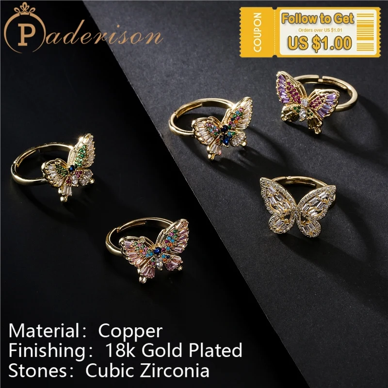 

Luxury Romantic Multicolor zircon butterfly Opening ring for Women Trendy copper 18K gold- plated adjustable ring party Jewelry