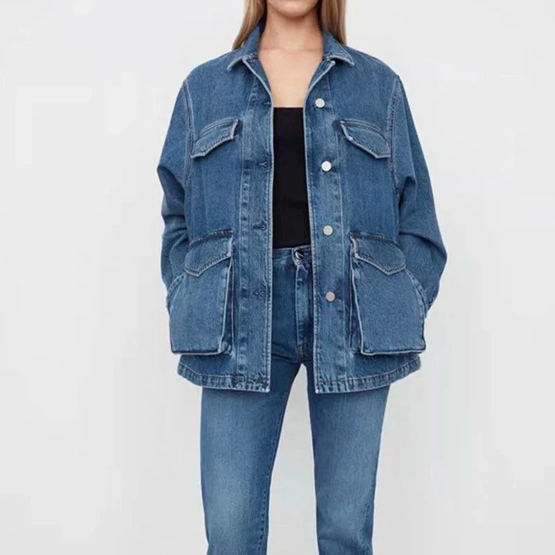 

23 New Fashion Blue Long Sleeve Denim Jacket Tooling Style Women Runway Vintage Single Breasted Lapel Loose All Match Denim Coat