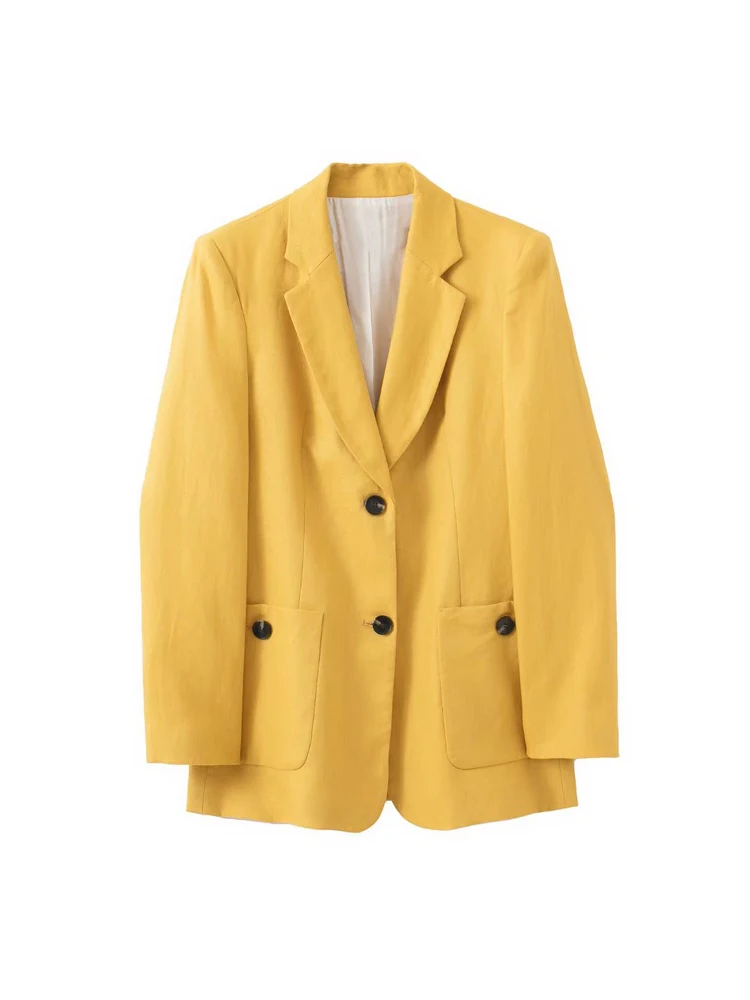 

2022 Summer Women Casual Linen Blazers Coats Solid Loose Single Breasted Pockets Female Fashion Street Blazer Outerwear