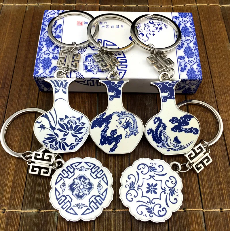 

Custom LOGO Chinese Blue and White Porcelain Metal Key chains Unique Key rings for Women Men Events Gifts