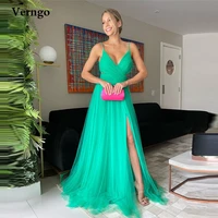 verngo a line green tulle long prom dresses spaghetti straps v neck side slit women evening gowns sexy party formal dress