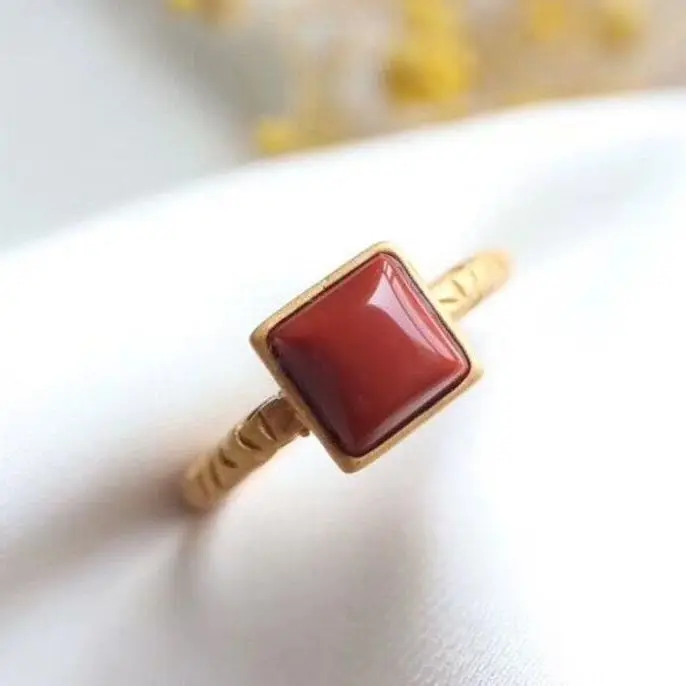 

S925 Sterling Silver Natural South Red Ring Personality Minimalist Elegant All-Match Gilding Mosaicagate Square Open Ring