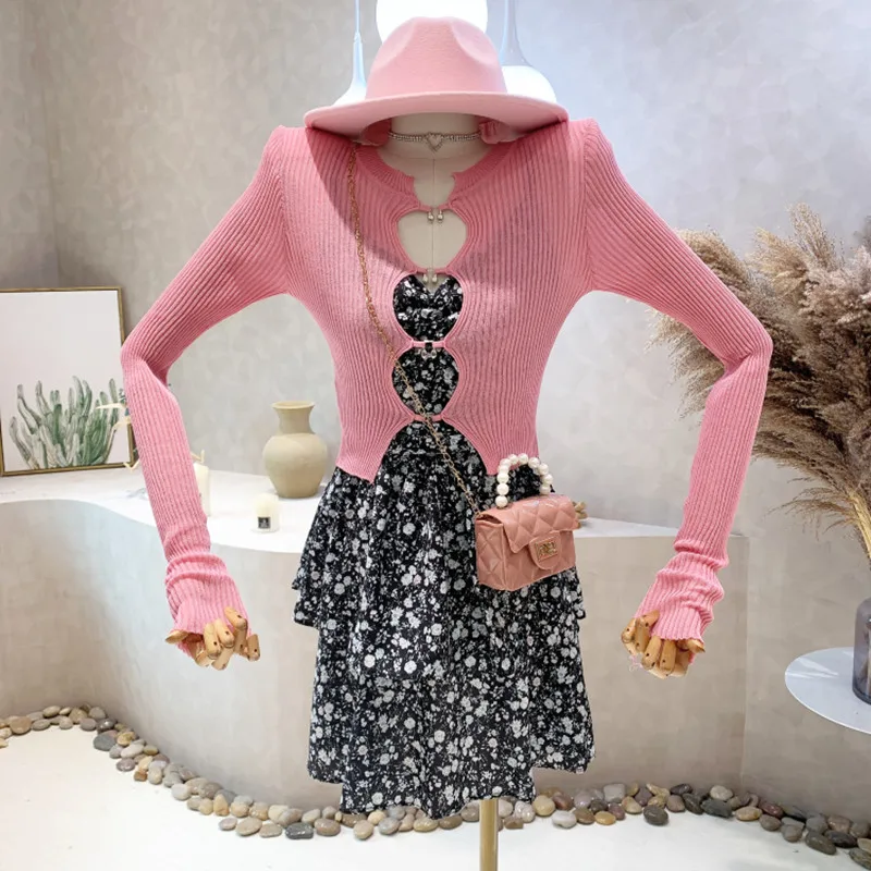 

New Women's Clothing 2022 Summer Design long sleeve thin knit cardigan with floral suspender dress two-piece set