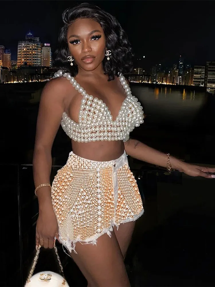 

Sexy V-Neck Luxury Beaded Sling Crop Top Elegant Sleeveless Backless Pearl Beading Vest Top Nightclub Party Evening Crop Tops