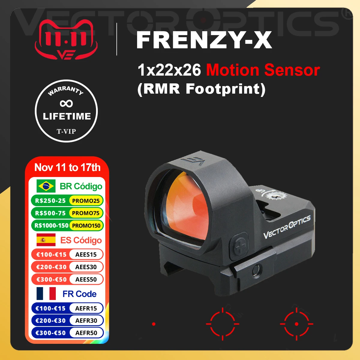 

Vector Optics Frenzy 1x22x26 MOS Multi Reticles Pistol Red Dot Sight IP67 Waterproof&Auto Shut-off Fit MOJ 9mm 12GA Glock 17 19