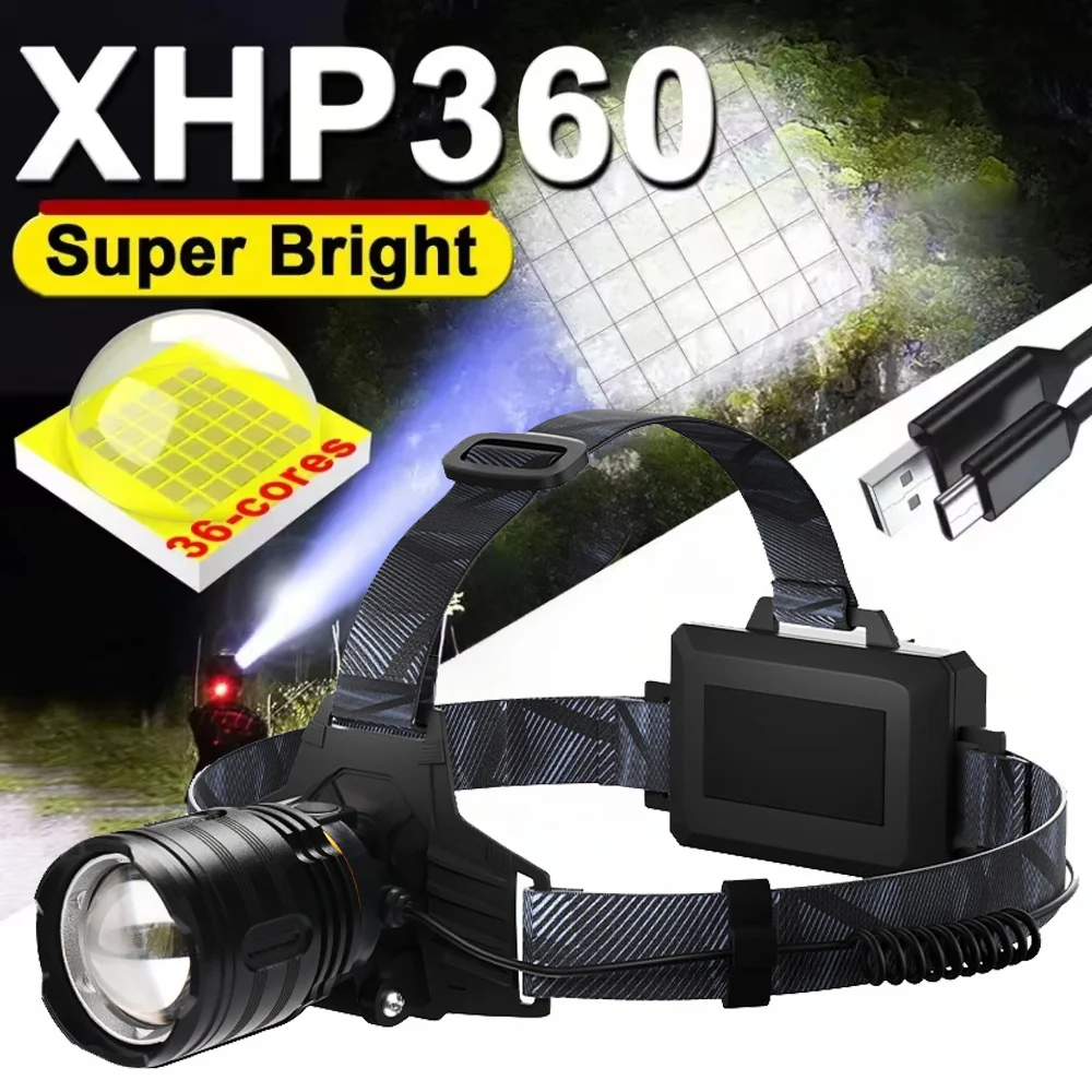 Фото Самый лучший XHP360 36-ядерный налобный фонарь 18650, перезаряжаемый налобный фонарик ZOOM, мощный налобный фонарь, фара для рыбалки №1