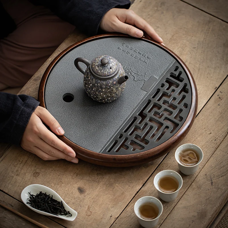 

Chinese Tea Tray Stone Drainage Egg Tray Round Vintage Tea Trays Oriental Ceremony Serving Storage Bandeijaen Table Trayes
