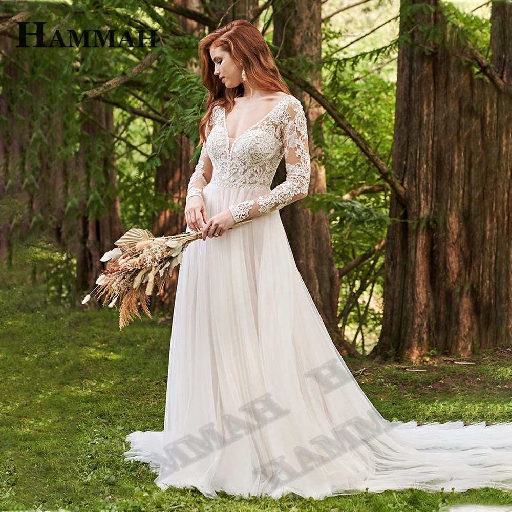 

Элегантное свадебное платье HAMMAH с длинным рукавом, ТРАПЕЦИЕВИДНОЕ ПЛАТЬЕ С Глубоким V-образным вырезом, кружевное Тюлевое платье с открытой спиной и шлейфом, свадебное платье