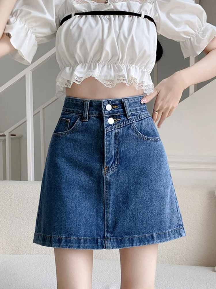 

Ailegogo Vintage Women High Waist Loose A-line Blue Denim Skirt Summer Women Button Retro Mini Jeans Skirts Ladies Bottoms
