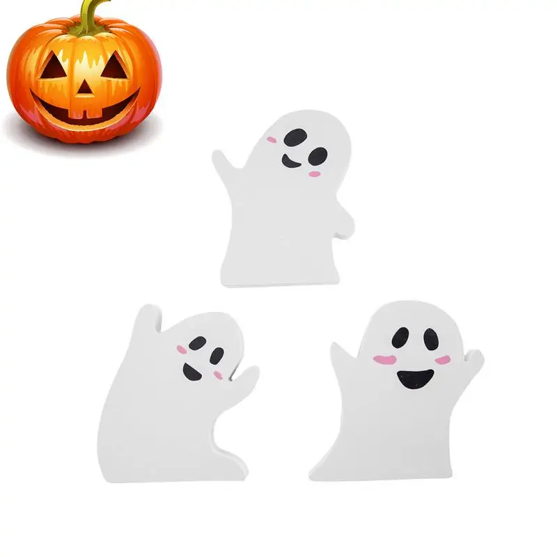 

White Ghost Decor 3Pcs Wooden Ghosts Halloween Wooded Table Decoration Figurines Three-dimensional Party Supplies