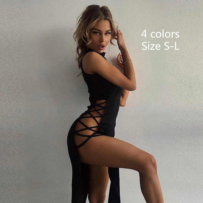 

Fashion Summer Elegant Black Sleeveless Bandage Sexy Dress for Women Club Party Backless Tank Dresses Skinny long skirt solid