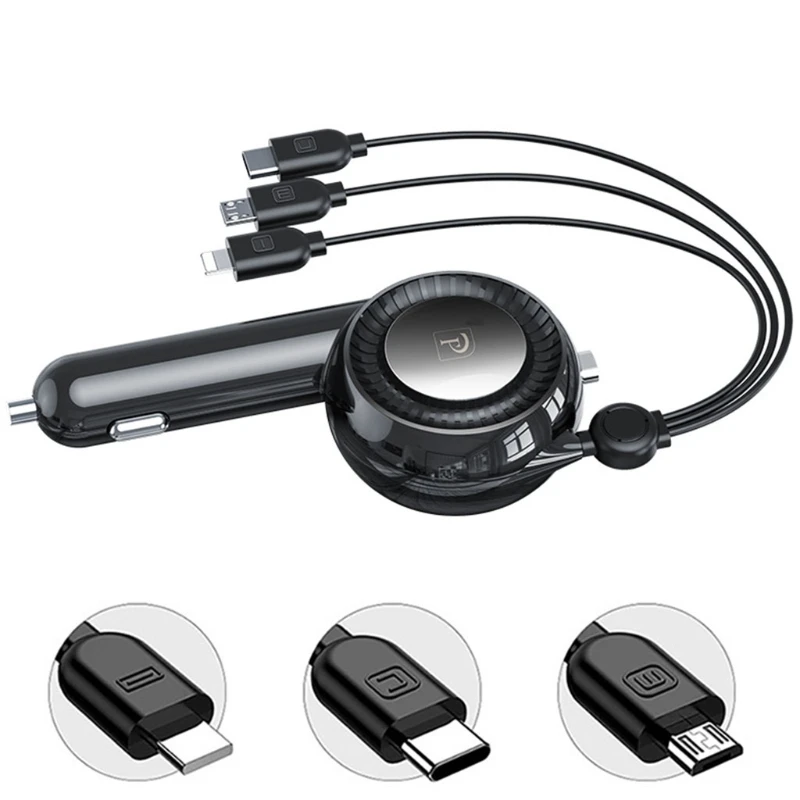 

3-in-1 USB Port Car Charger Splitter Fast Charge Cigarette Lighter Micro Type C